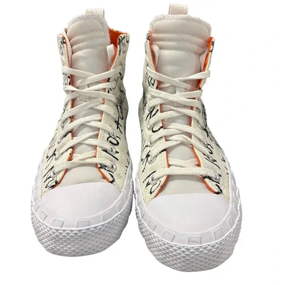 Converse High Top Sneakers Off-White with Black Script and Orange Accents - Picture 2 of 10